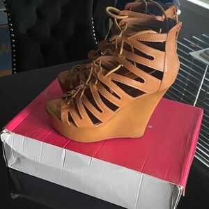 Allegra K Brown Lace-Up Cutout Wedge Sandals